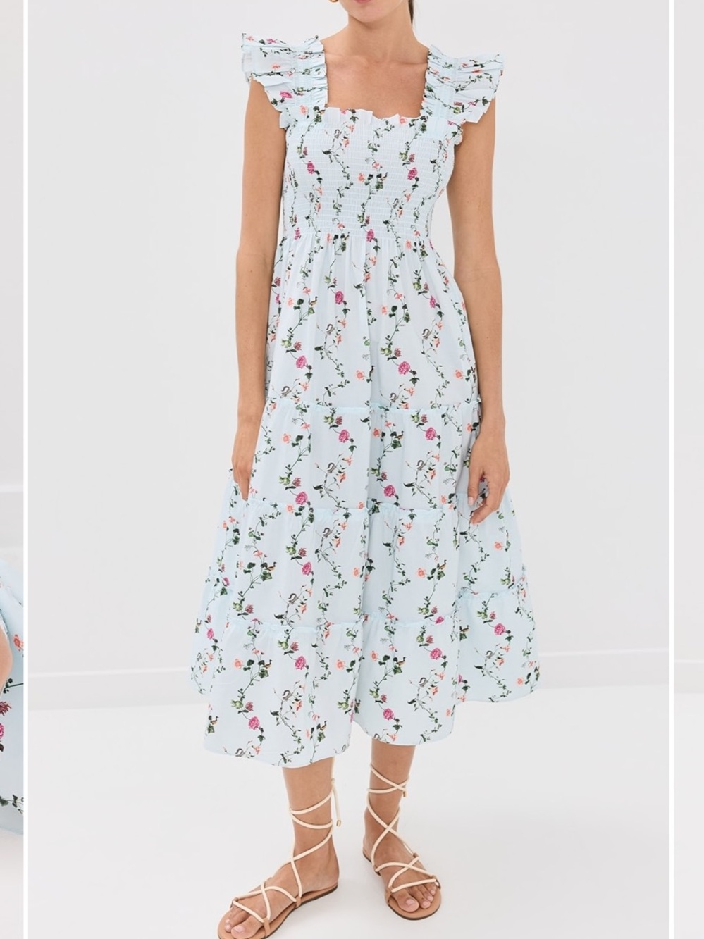 Hill House Floral Smocked Midi Dress - Light Blue with Pink & Green